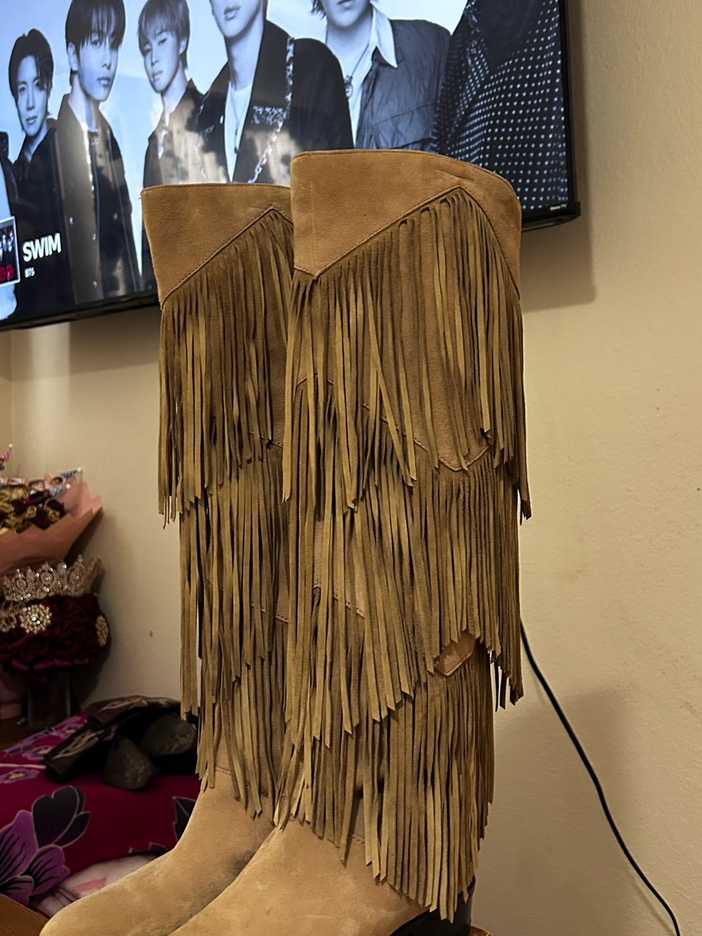Fringed Suede Knee-High Boots in Tan
